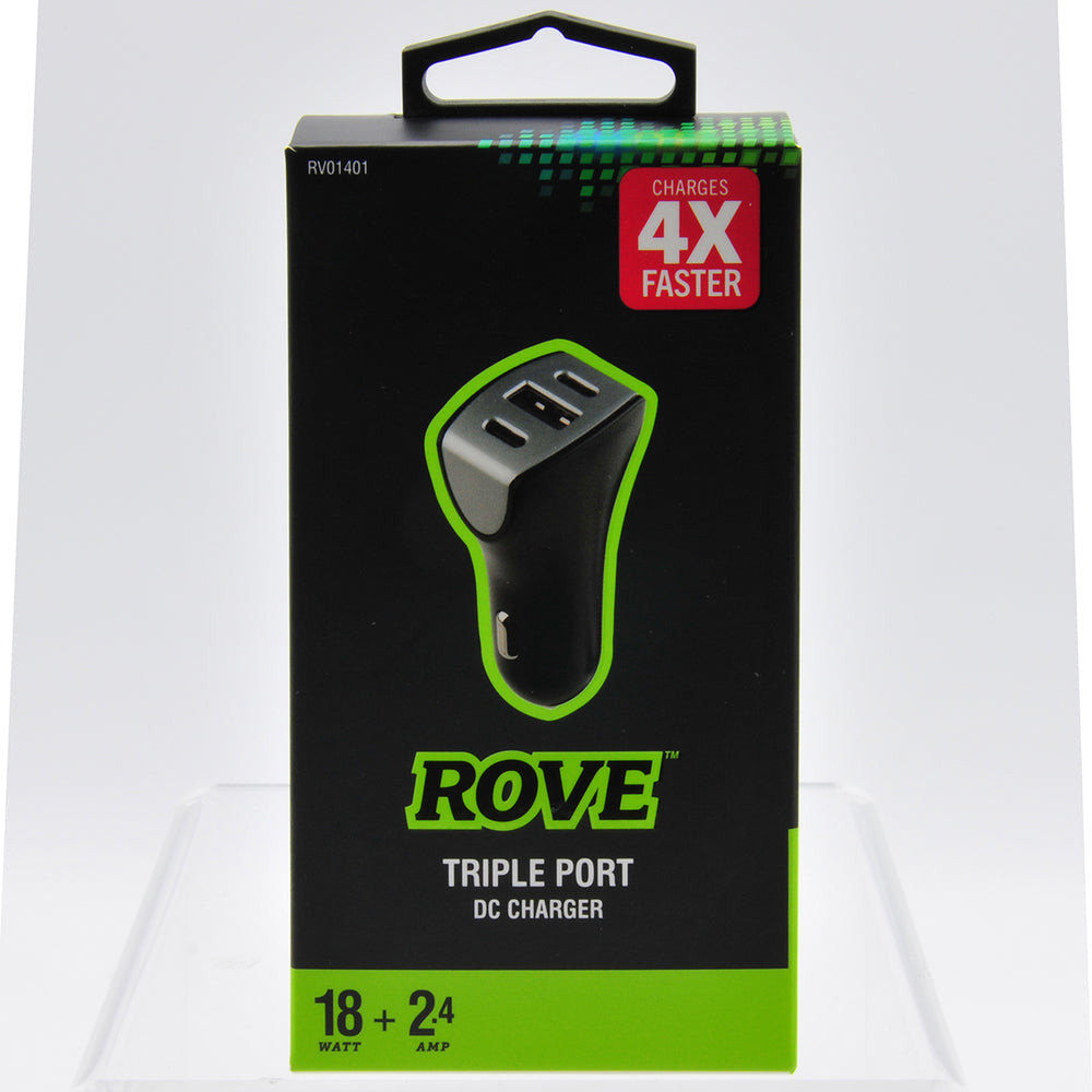 Rove RV01401 Triple DC Car Charger USB-A and Dual USB-C 18W Fast Charge