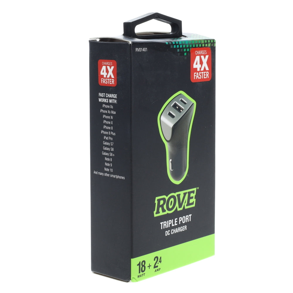 Rove RV01401 Triple DC Car Charger USB-A and Dual USB-C 18W Fast Charge