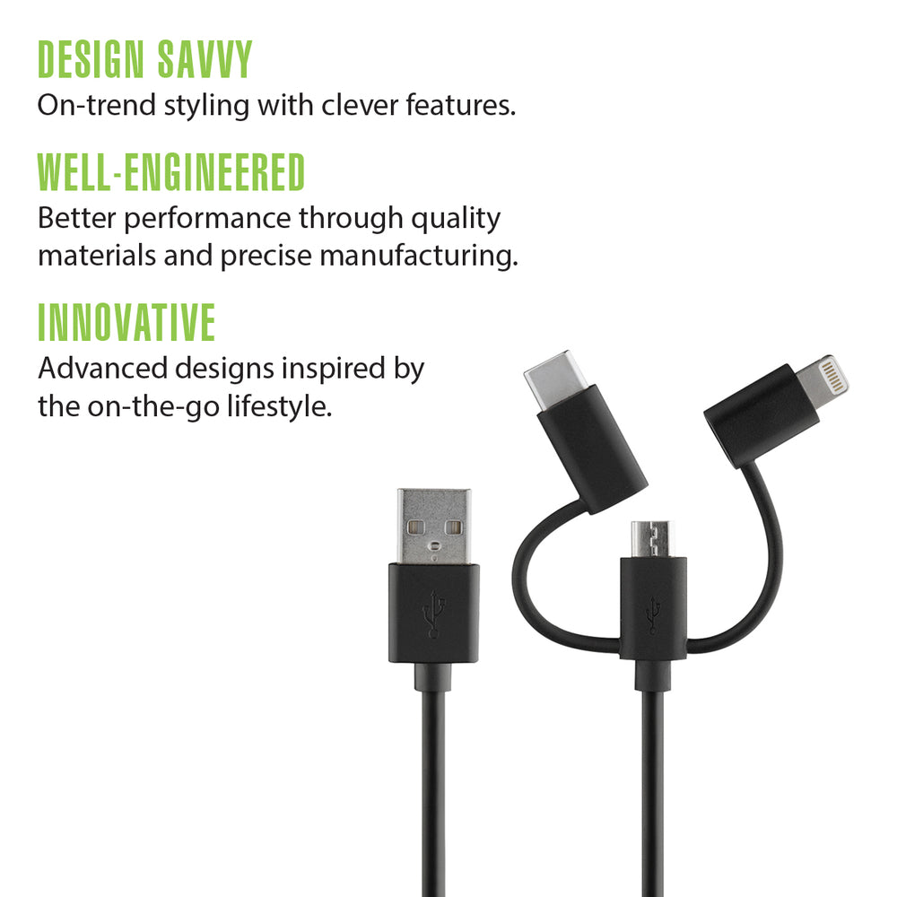 ROVE RV06551 4Ft 3-In-1 Multi Charging Cord Android And Iphone-Ready Cable Bl