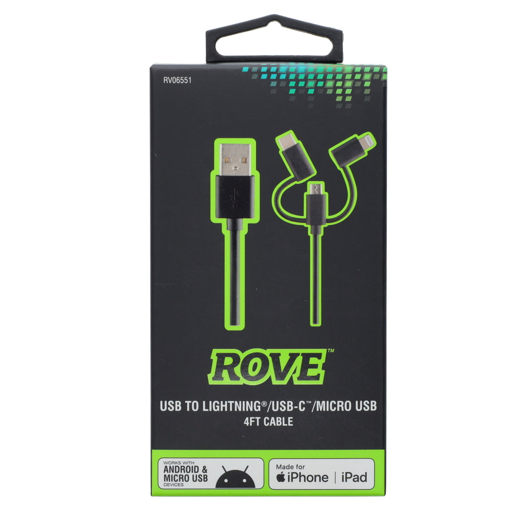 ROVE RV06551 4Ft 3-In-1 Multi Charging Cord Android And Iphone-Ready Cable Bl