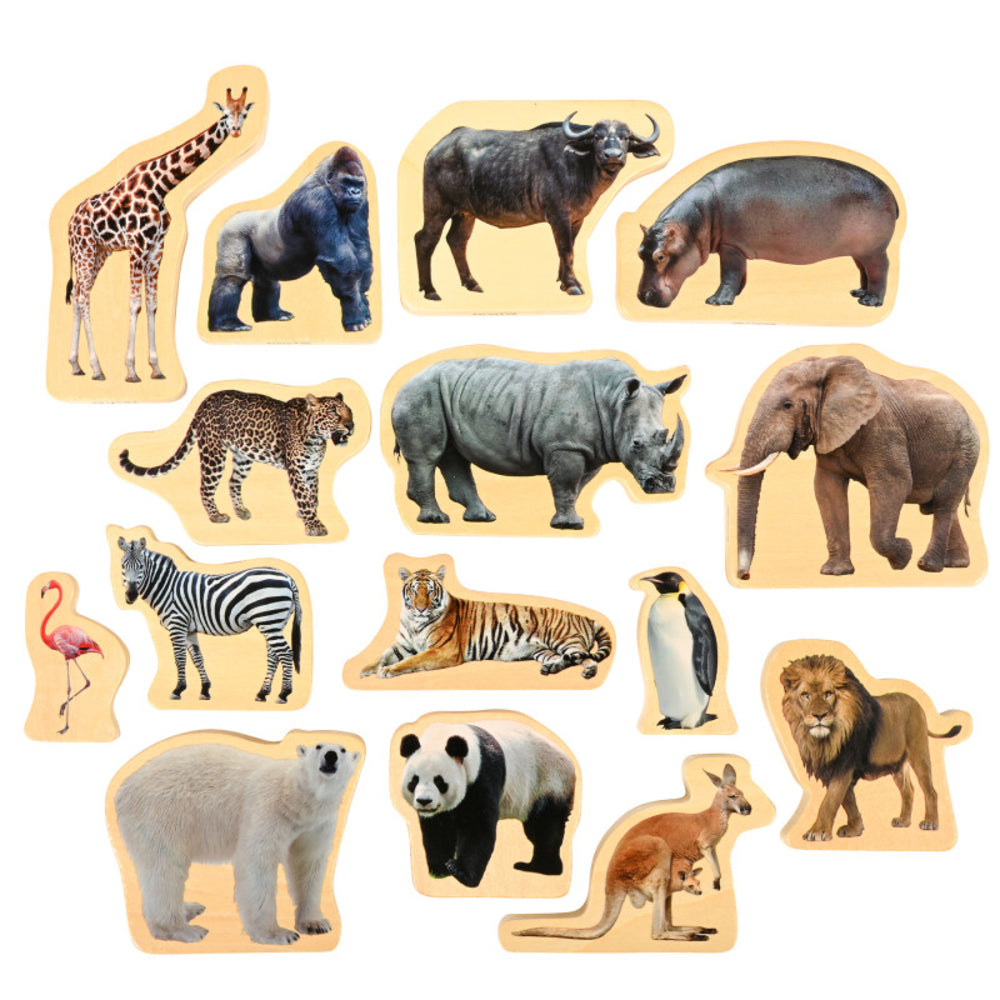Learning Advantage CTU73572 Wooden Wild Animal Blocks Set Of 15 - Birch Plywood, Double-Sided, Zoo Animals Image 1