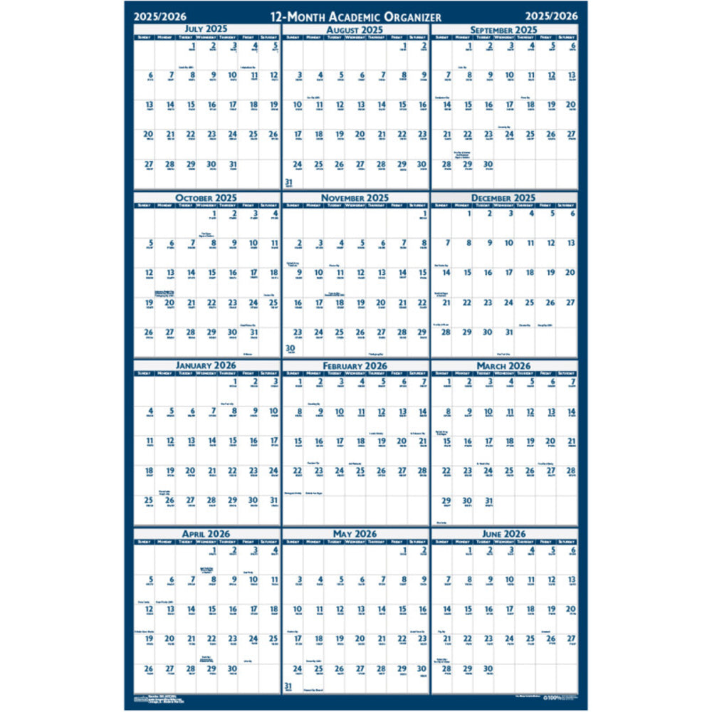 House of Doolittle HOD3965 Academic Wall Calendar 18" x 24" Reversible Laminated Wipe Off Image 1