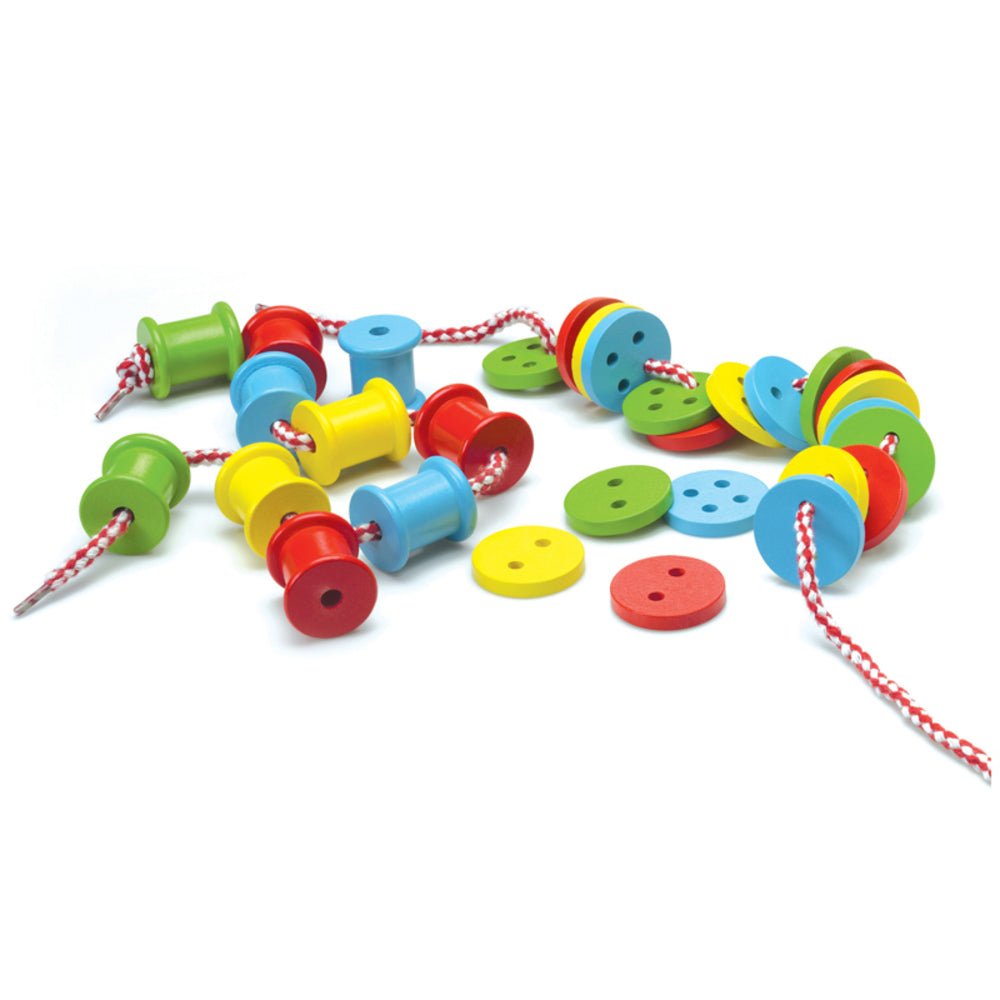 The Original Toy Co OTC59450 Threading Buttons and Spools - Wooden Toy Set for Hand-Eye Coordination and Manipulative Skills Image 1