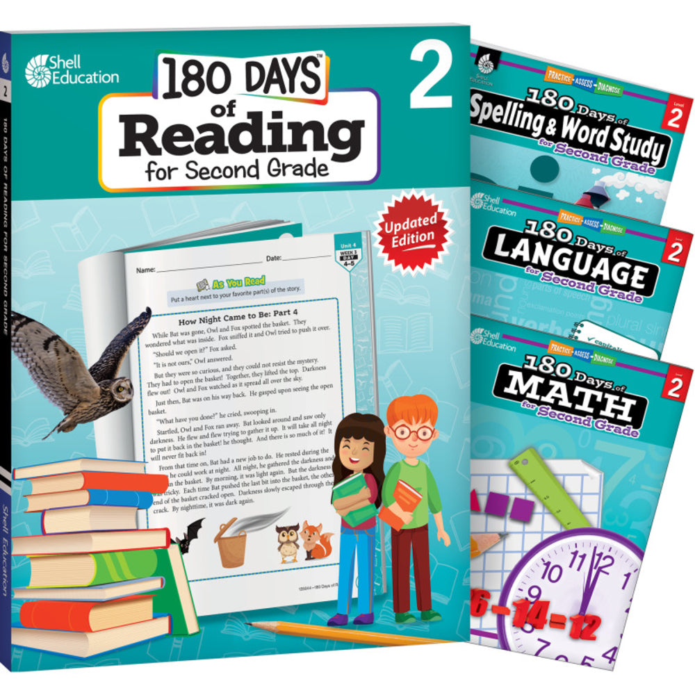 Shell Education SEP147636 180 Days Grade 2 Reading Spelling Language Math Set Image 1