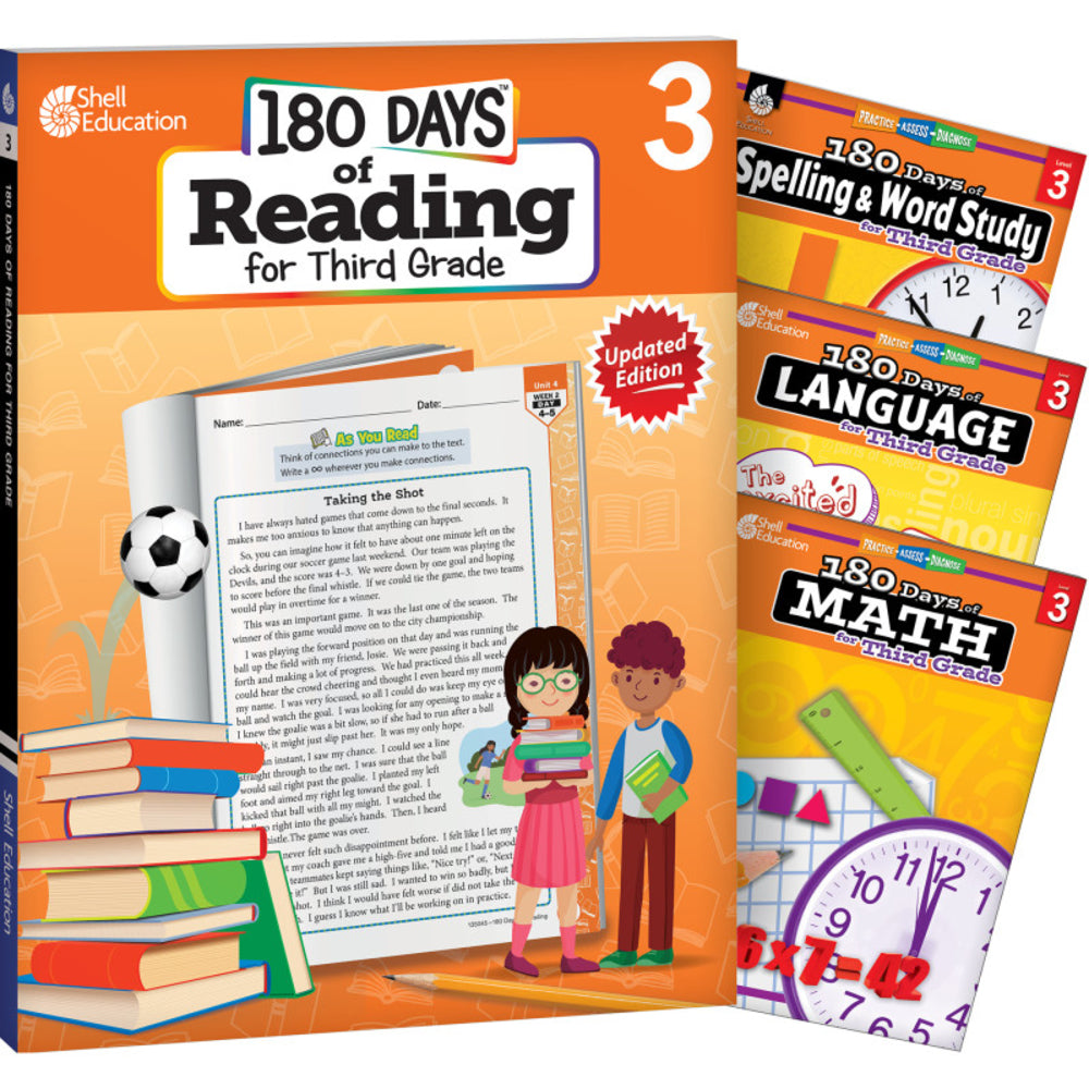 Shell Education SEP147637 180 Days Grade 3 Reading Spelling Language Math Set Image 1