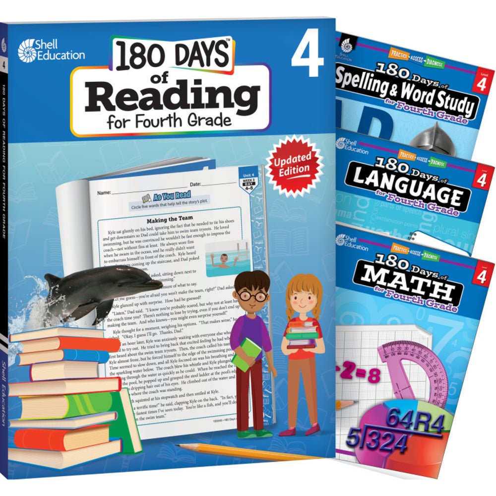 Shell Education SEP147638 Grade 4 180 Days Reading Spelling Language Math Practice Image 1