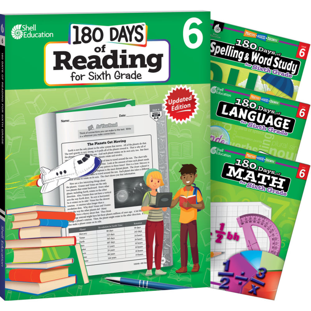 Shell Education SEP147640 180 Days Grade 6 Reading Spelling Language Math Set Image 1