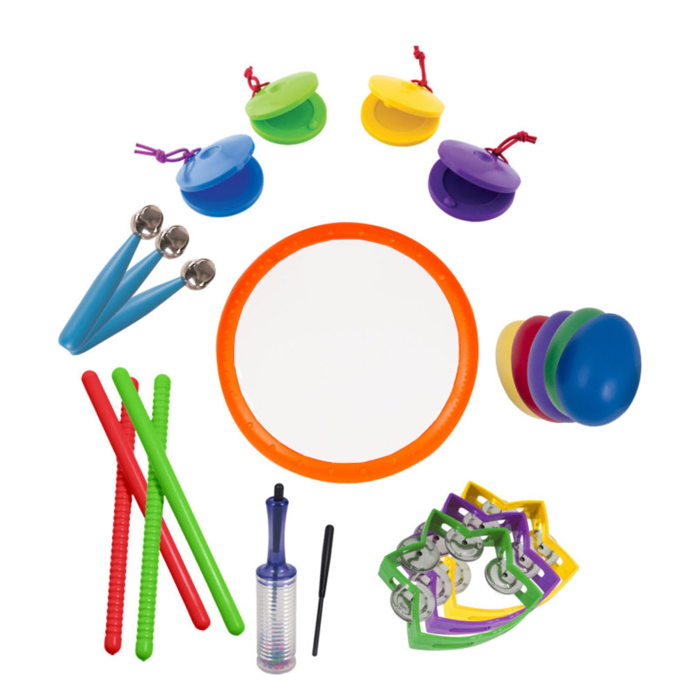 Westco WEPKI7282 Colorful Curations Kit - Jingle Bells, Egg Shakers, Rhythm Sticks, Tambourines, Castanets, Guiro Shaker, Frame Drum Image 1