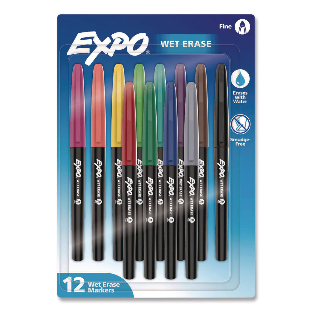 Expo Wet Erase Markers 12-Pack Fine Needle Tip Assorted Colors Image 1