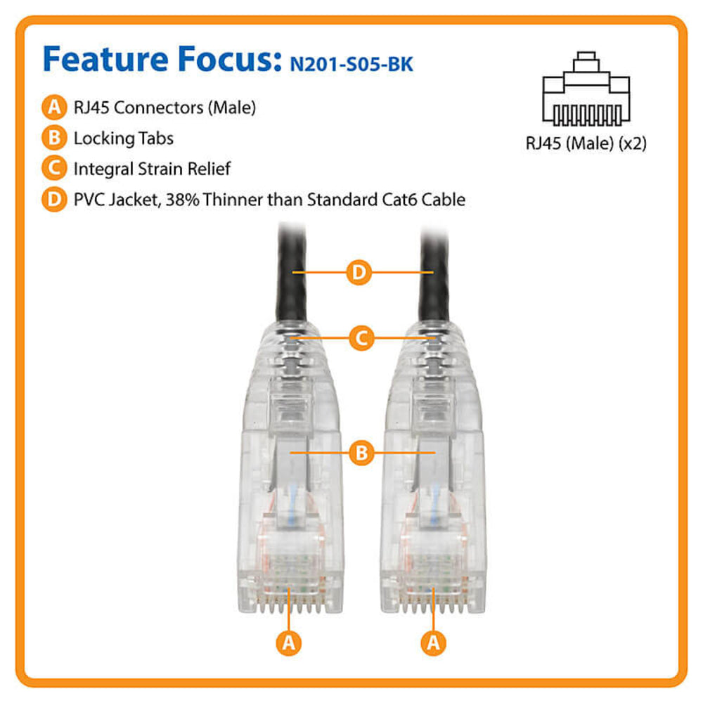 Tripp Lite N201-S05-BK Cat6 5Ft Black Snagless UTP RJ45 Molded Slim Cable