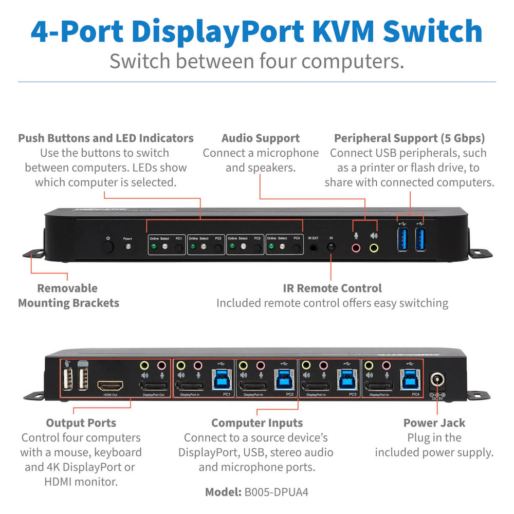 TRIPP LITE DATA CENTER B005-DPUA4 4-Port DisplayPort KVM Dual Console Ports DP