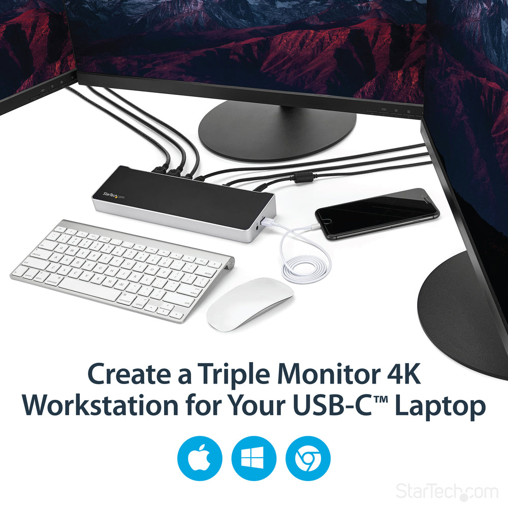 StarTech DK30CH2DEP USB-C Triple Monitor Dock - 3x 4K DP/HDMI, 100W PD, 5x USB 3.0