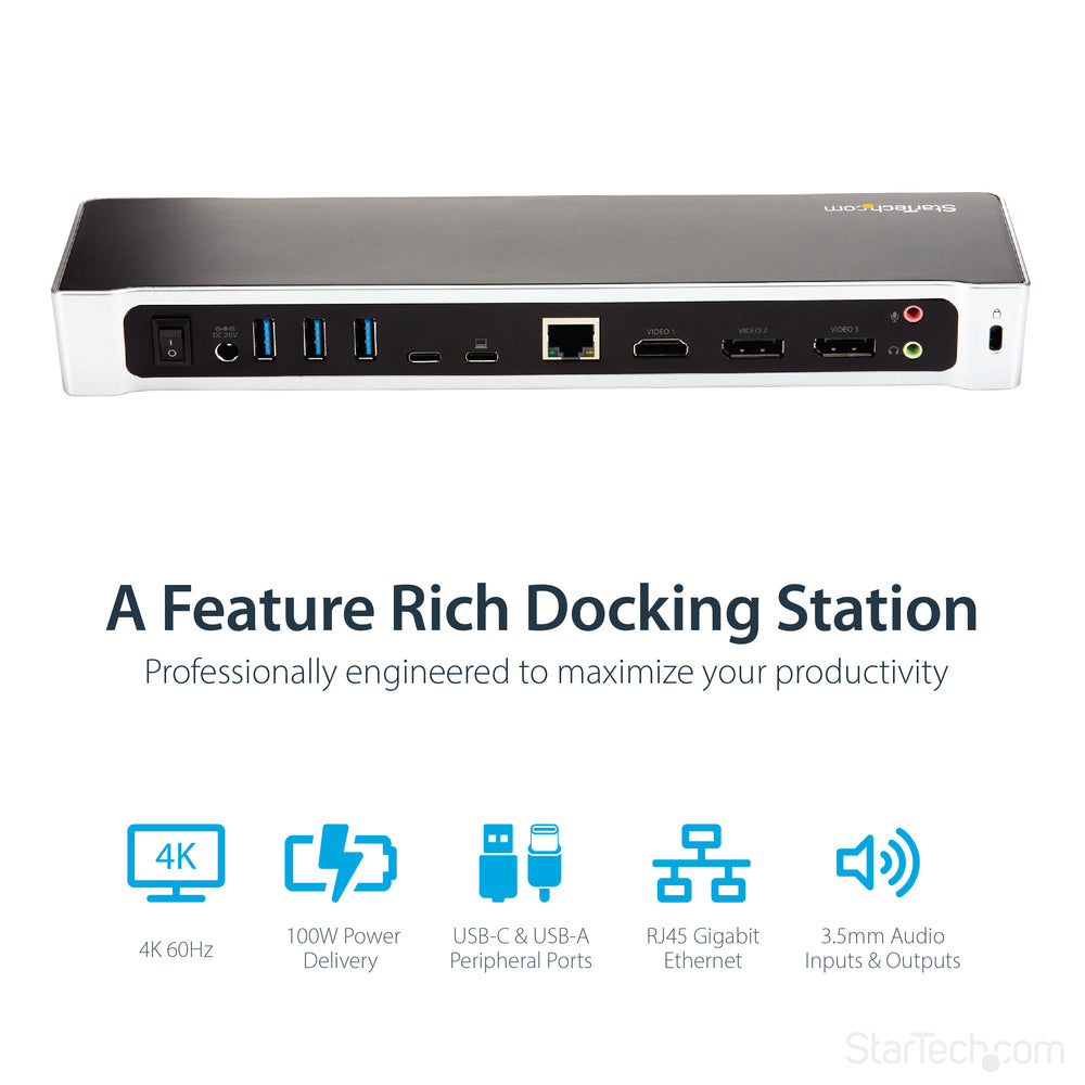 StarTech DK30CH2DEP USB-C Triple Monitor Dock - 3x 4K DP/HDMI, 100W PD, 5x USB 3.0