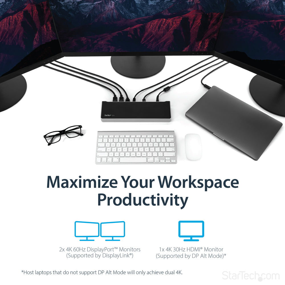 StarTech DK30CH2DEP USB-C Triple Monitor Dock - 3x 4K DP/HDMI, 100W PD, 5x USB 3.0