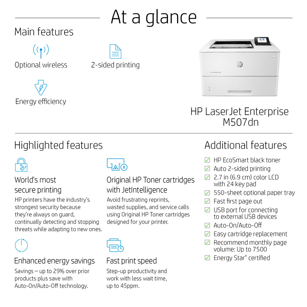 HP LaserJet M507dn Laser Printer - Duplex, Network Enabled