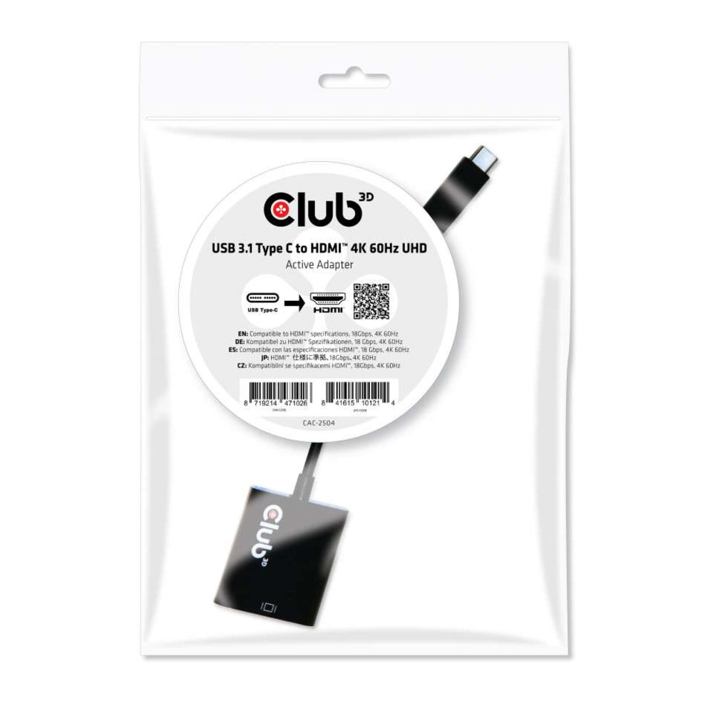 Club 3D CAC-2504 USB Type C 3.1 Gen 1 to HDMI 2.0 4K60Hz HDR Active Adapter Image 1