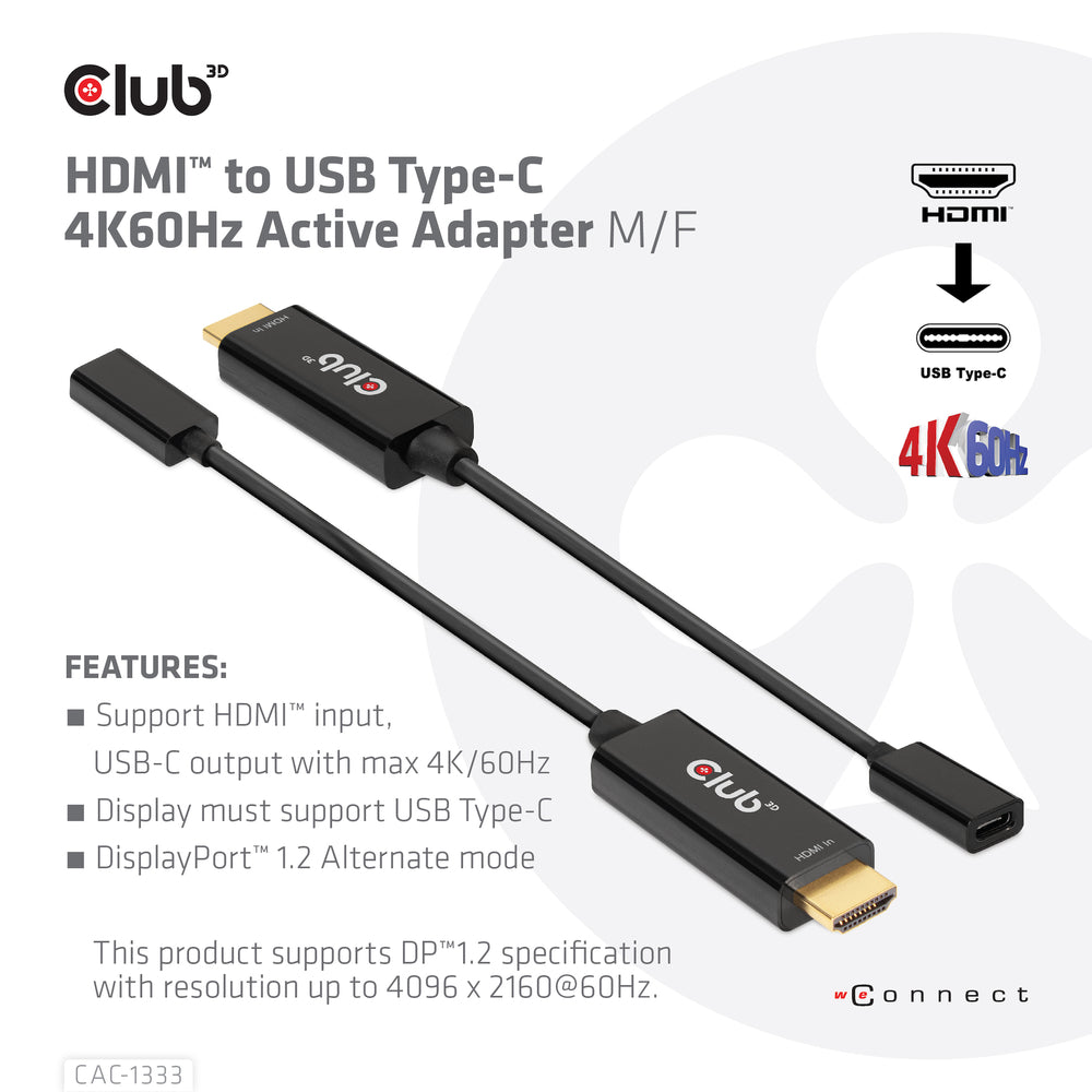 Club 3D Cac-1333 Hdmi To Usb-C 4K60Hz Adapter Active M/F Support Dp1.2