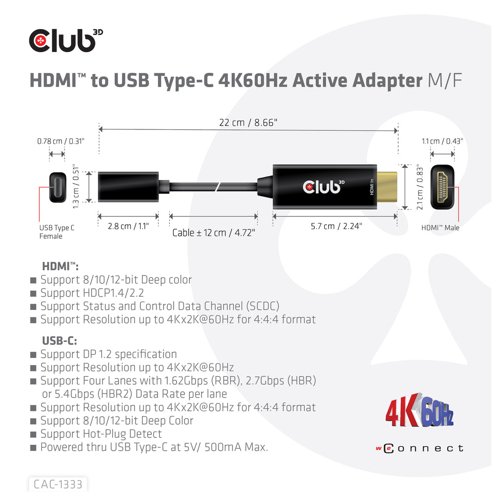 Club 3D Cac-1333 Hdmi To Usb-C 4K60Hz Adapter Active M/F Support Dp1.2 Image 1