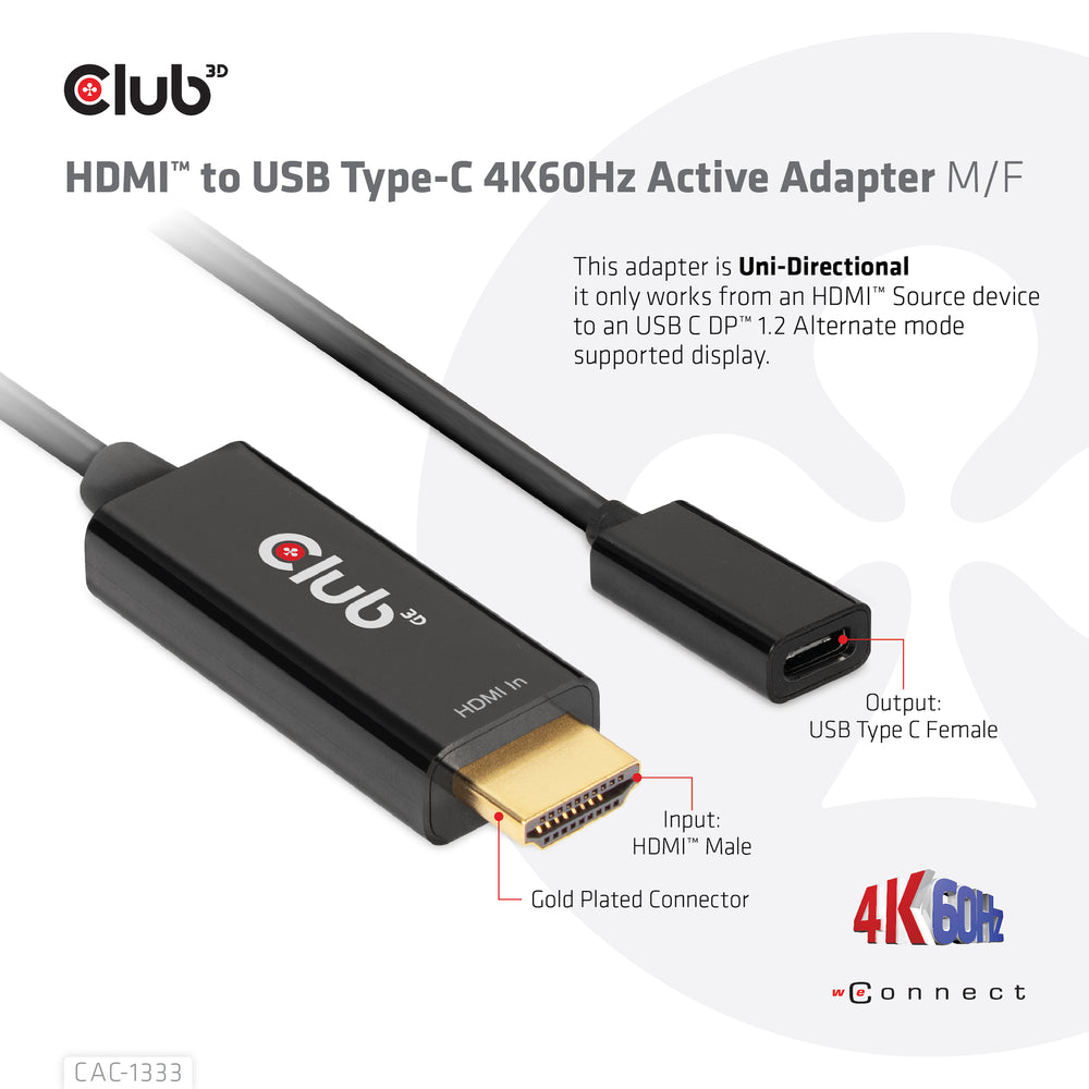 Club 3D Cac-1333 Hdmi To Usb-C 4K60Hz Adapter Active M/F Support Dp1.2