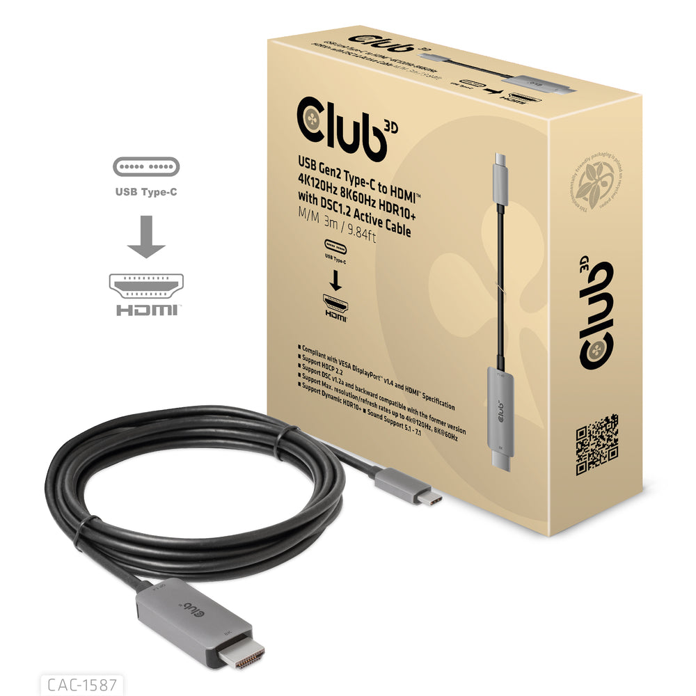 Club 3D CAC-1587 USB-C to HDMI 4K 120Hz HDR10+ Cable 3M