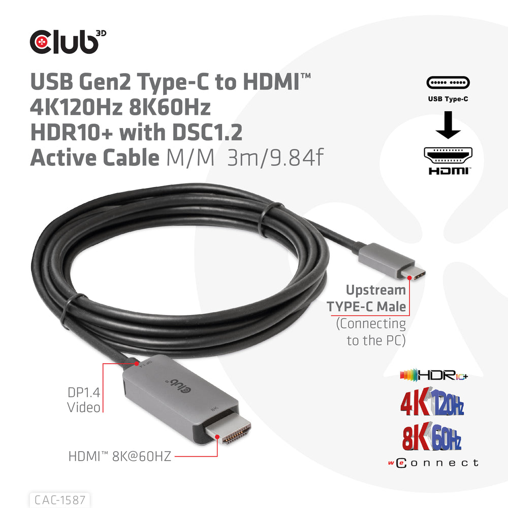 Club 3D CAC-1587 USB-C to HDMI 4K 120Hz HDR10+ Cable 3M