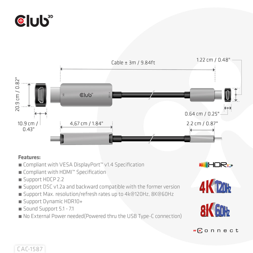 Club 3D CAC-1587 USB-C to HDMI 4K 120Hz HDR10+ Cable 3M Image 1
