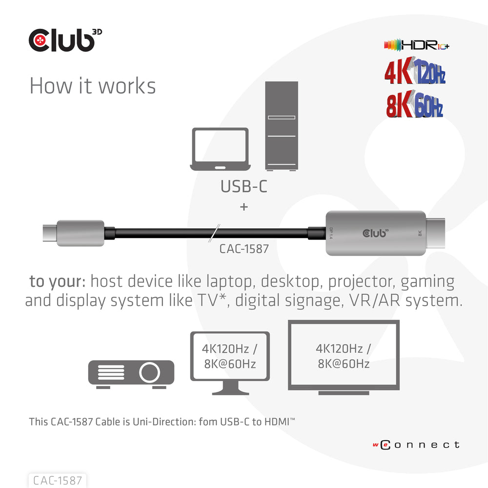 Club 3D CAC-1587 USB-C to HDMI 4K 120Hz HDR10+ Cable 3M