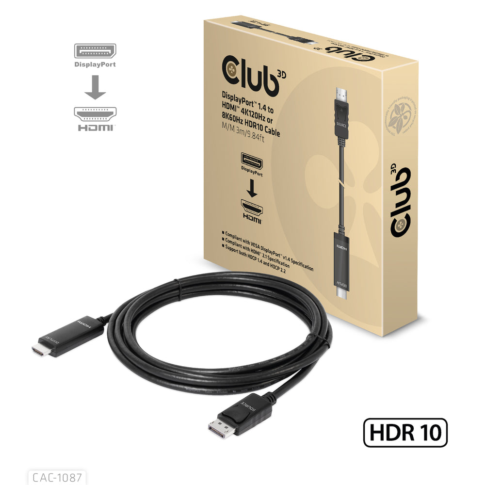 Club 3D CAC-1087 DP1.4 to HDMI 4K120Hz/8K60Hz HDR10 Cable 3m - 9.8ft