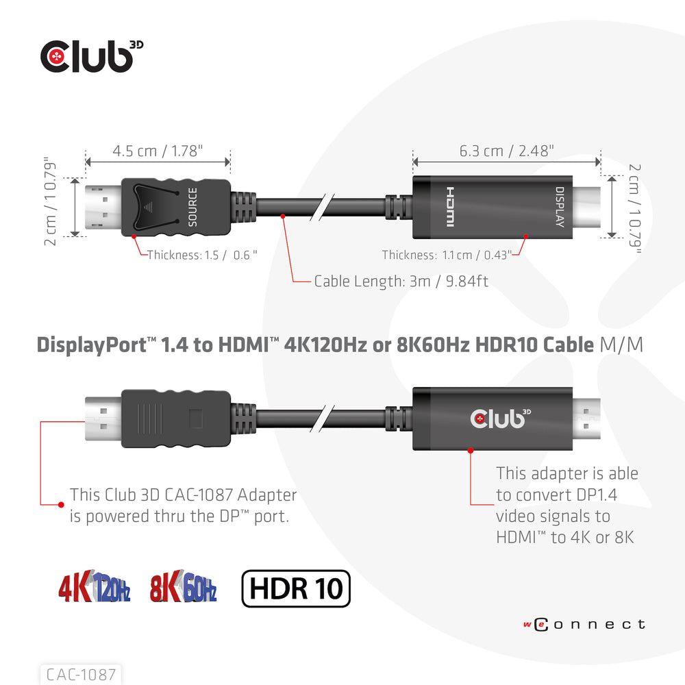 Club 3D CAC-1087 DP1.4 to HDMI 4K120Hz/8K60Hz HDR10 Cable 3m - 9.8ft