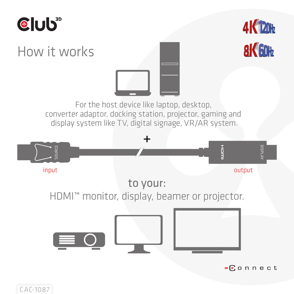 Club 3D CAC-1087 DP1.4 to HDMI 4K120Hz/8K60Hz HDR10 Cable 3m - 9.8ft