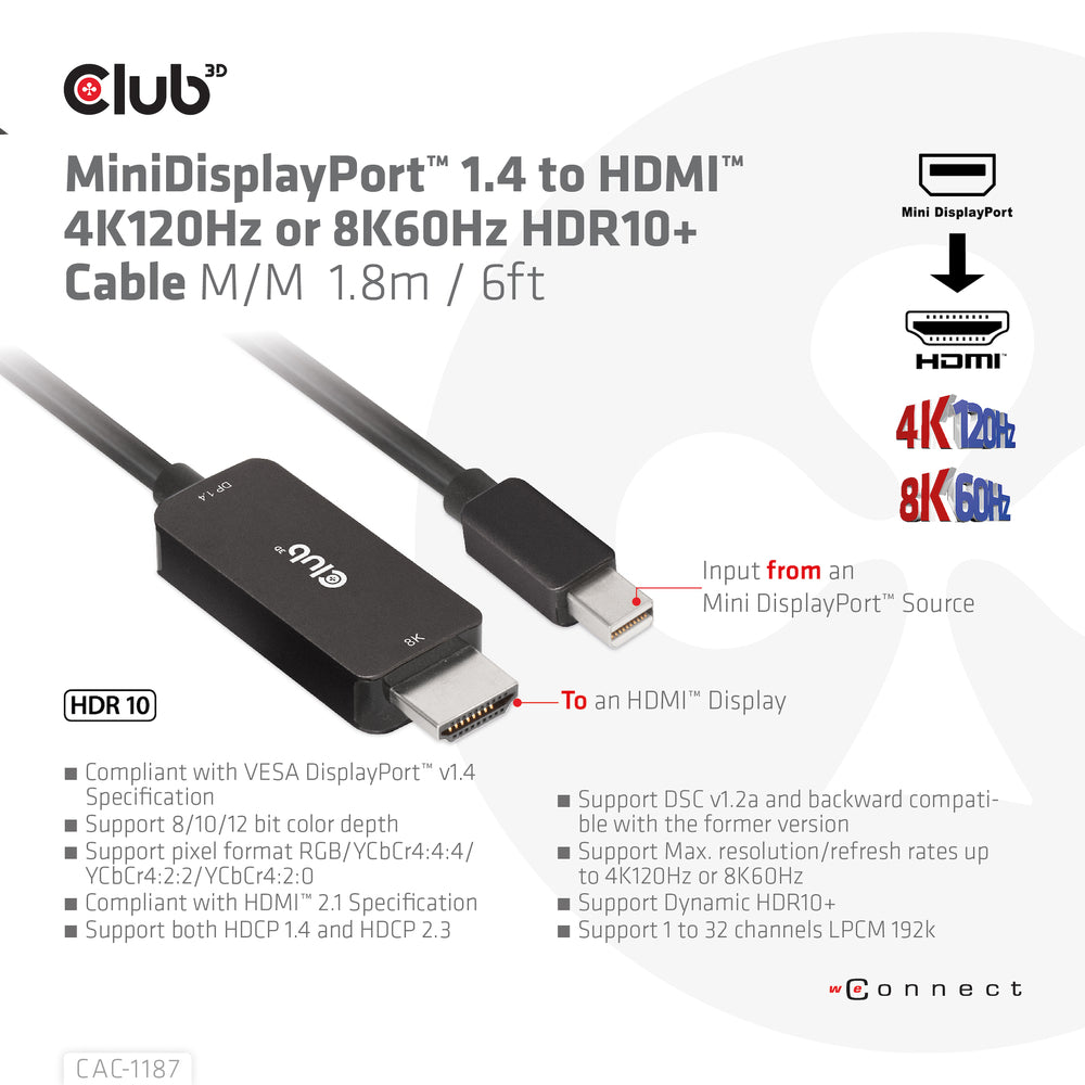 Club 3D CAC-1187 Mini DP1.4 to HDMI M/M 6ft Cable 4K120Hz 8K60Hz Dynamic HDR10+