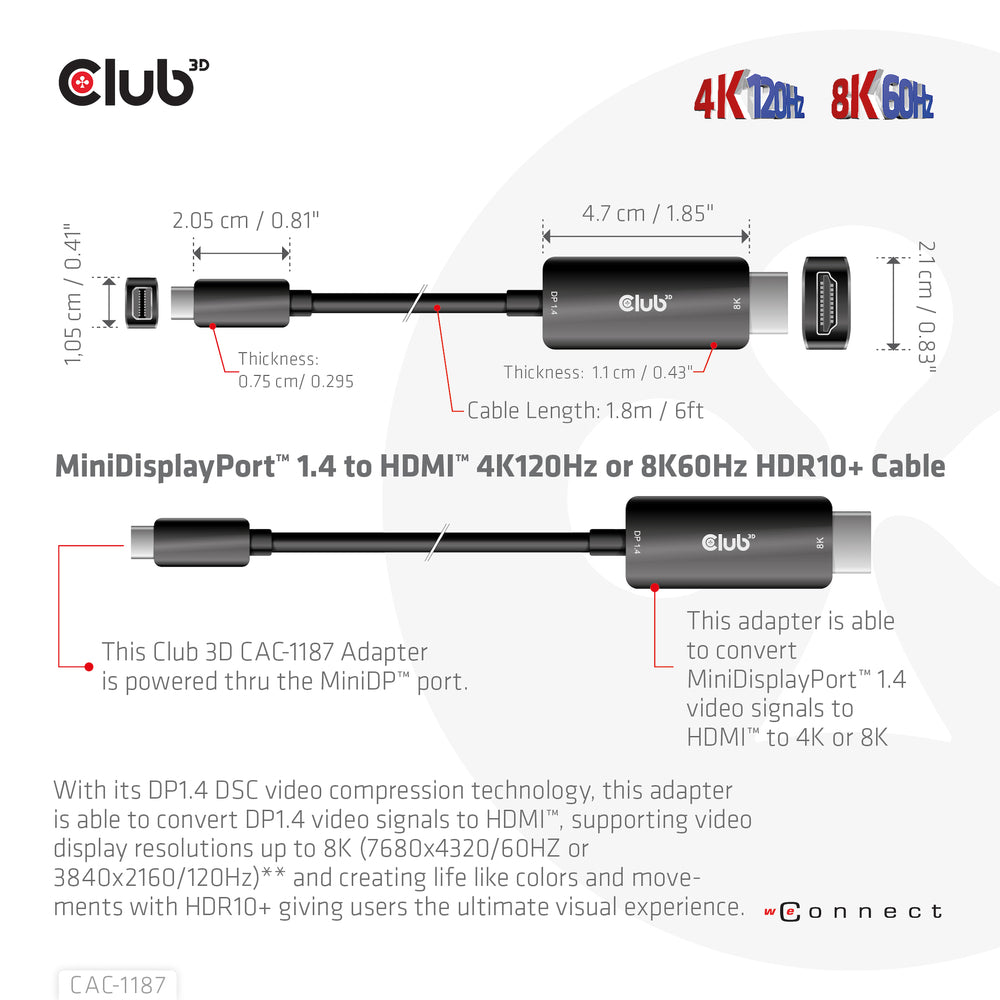 Club 3D CAC-1187 Mini DP1.4 to HDMI M/M 6ft Cable 4K120Hz 8K60Hz Dynamic HDR10+