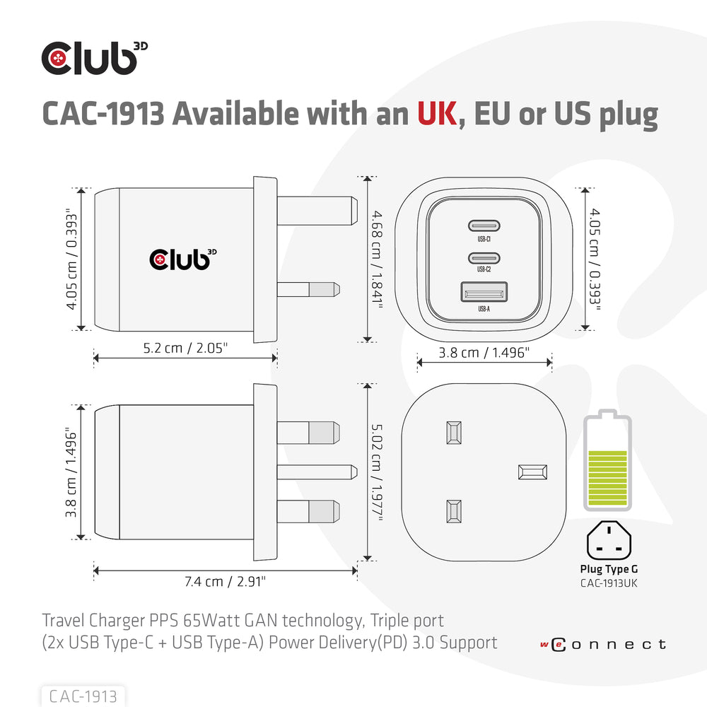 Club3D CAC-1913 Travel Charger PPS 65W GAN Technology Triple Port 2x USB Type-C