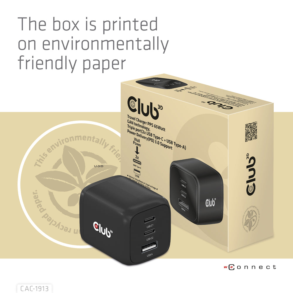 Club3D CAC-1913 Travel Charger PPS 65W GAN Technology Triple Port 2x USB Type-C