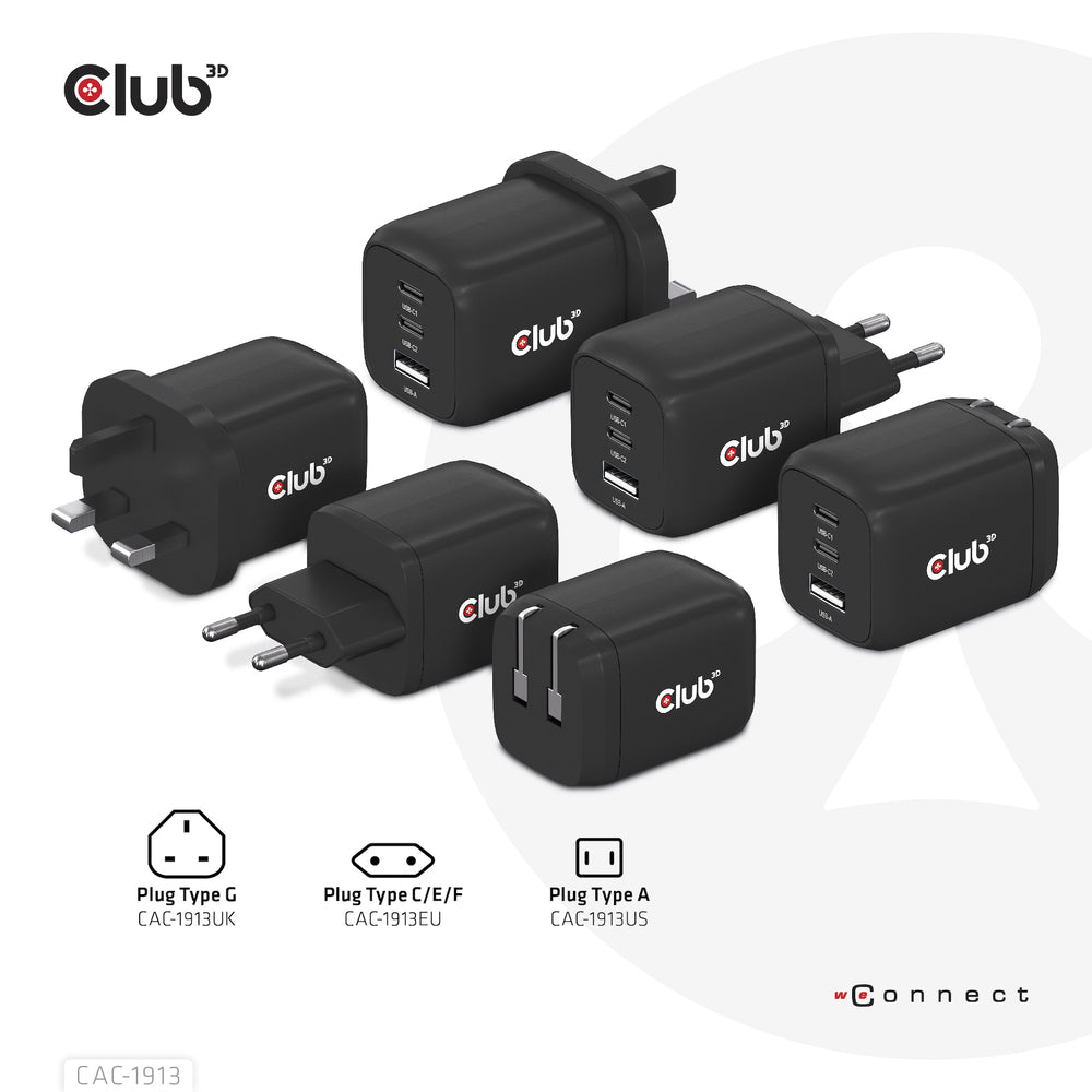 Club3D CAC-1913 Travel Charger PPS 65W GAN Technology Triple Port 2x USB Type-C