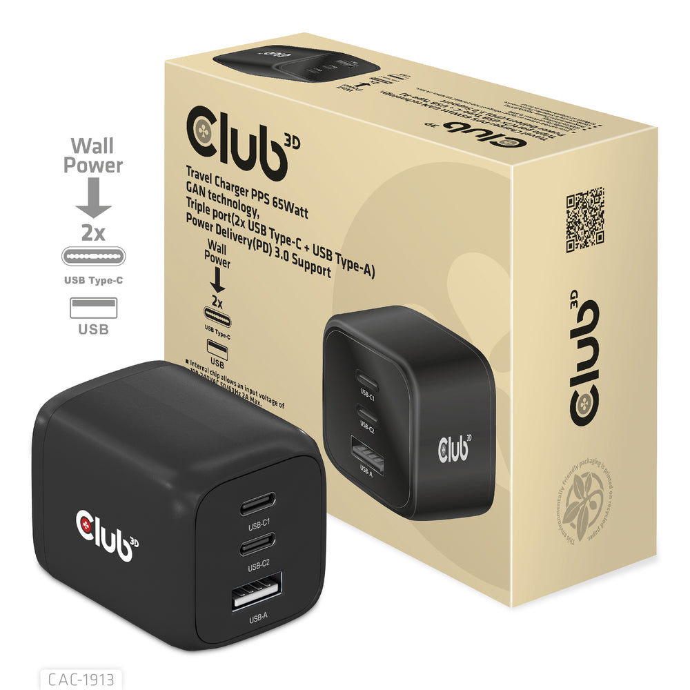 Club3D CAC-1913 Travel Charger PPS 65W GAN Technology Triple Port 2x USB Type-C