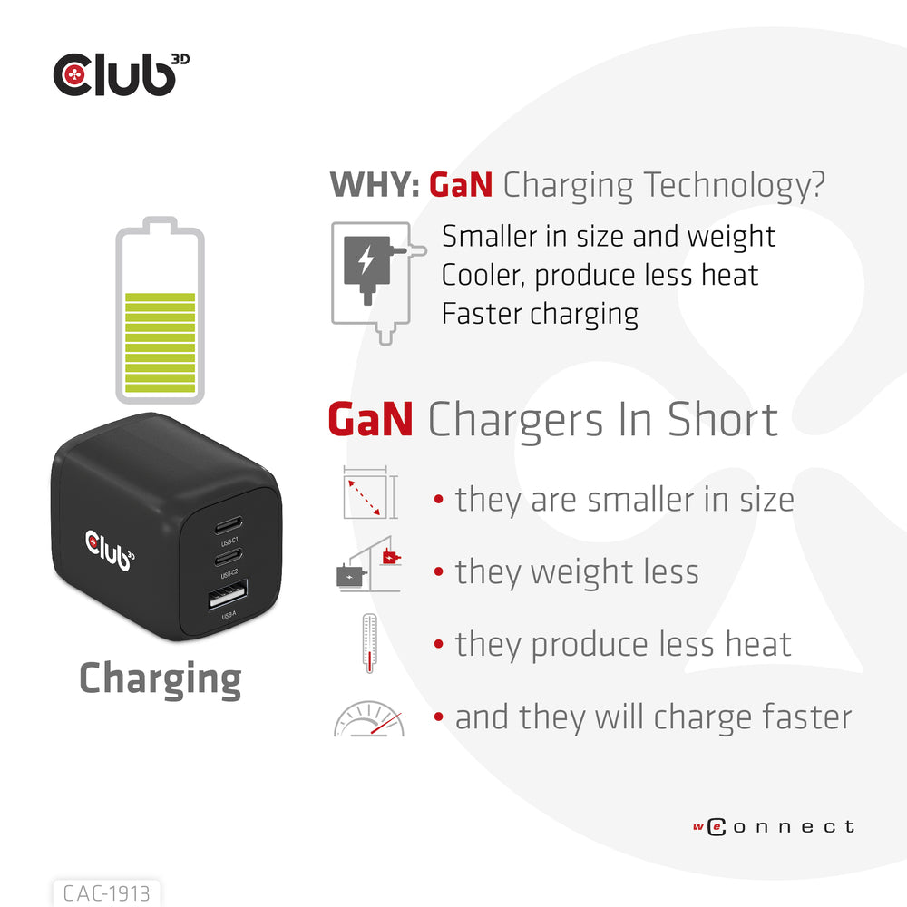 Club3D CAC-1913 Travel Charger PPS 65W GAN Technology Triple Port 2x USB Type-C