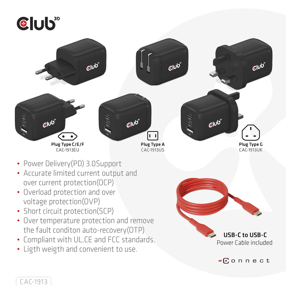 Club3D CAC-1913 Travel Charger PPS 65W GAN Technology Triple Port 2x USB Type-C