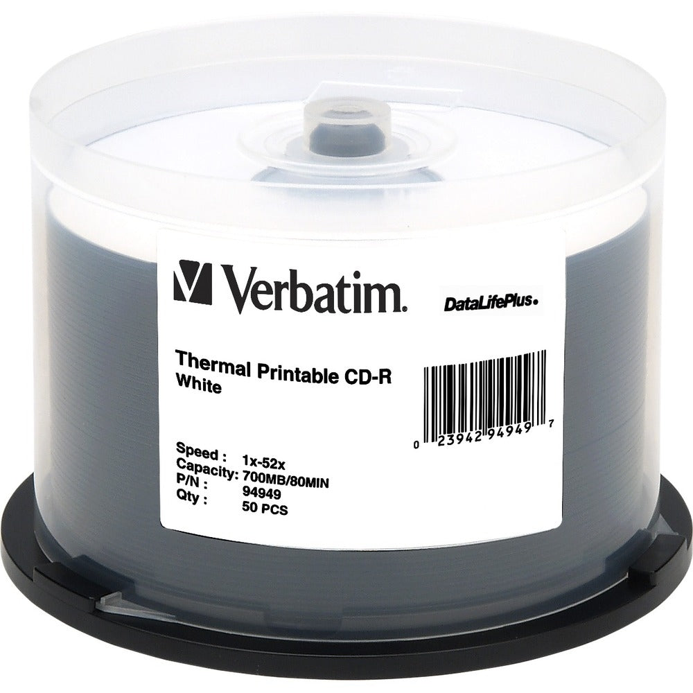 Verbatim 94949 50pk CD-R 52X 700MB 80Min White Thermal Printable Image 1