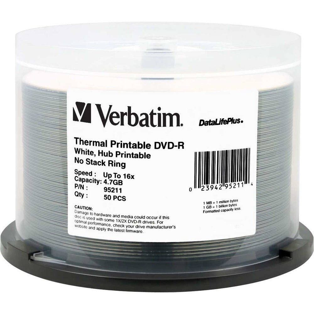 Verbatim Corporation 95211 50Pk Dvd-R 16X 4.7Gb White Thermal Hub Printable Image 1