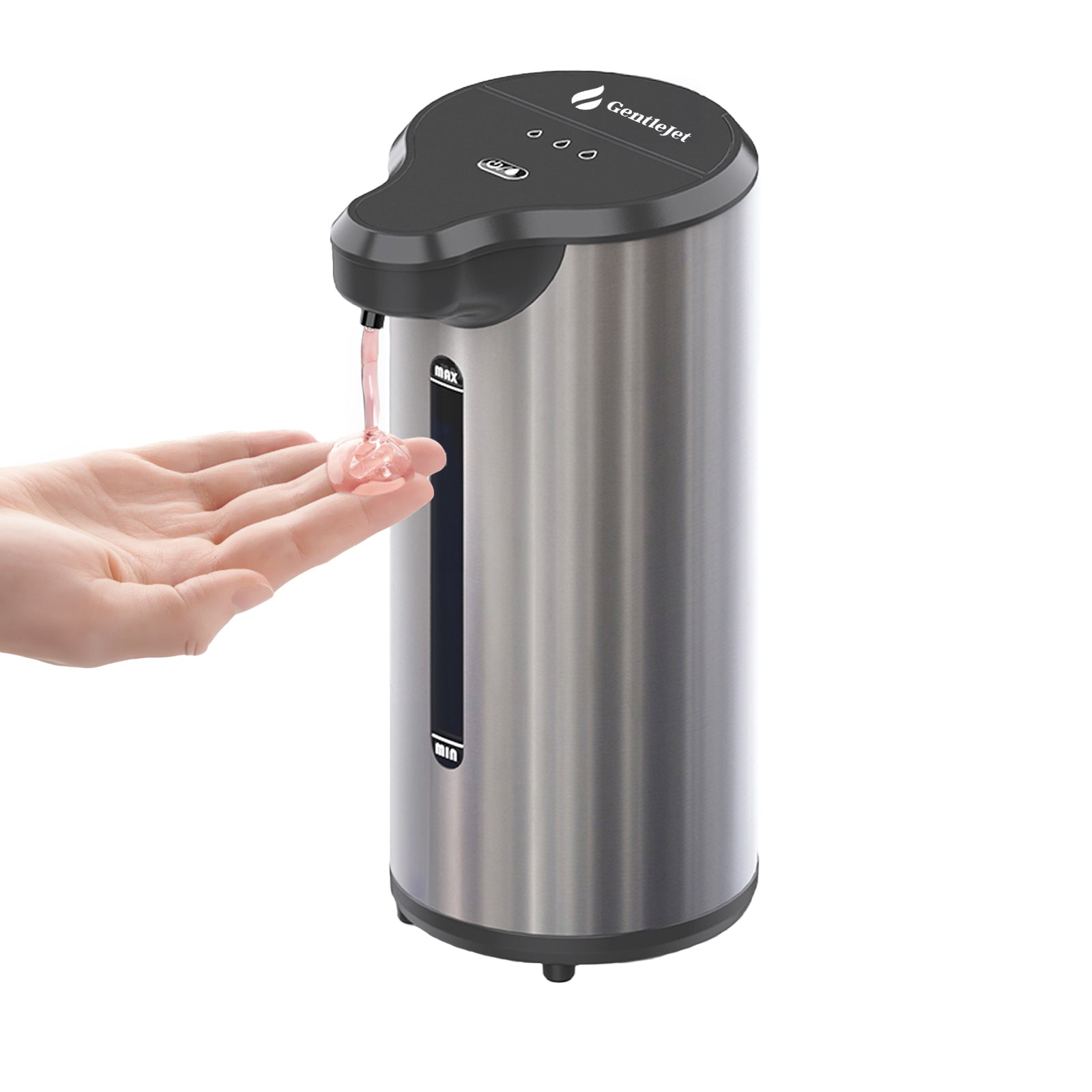 GentleJet PureDrop Automatic Soap Dispenser - 9.5oz Stainless Steel Countertop Unit with LED Indicator, Battery Operated