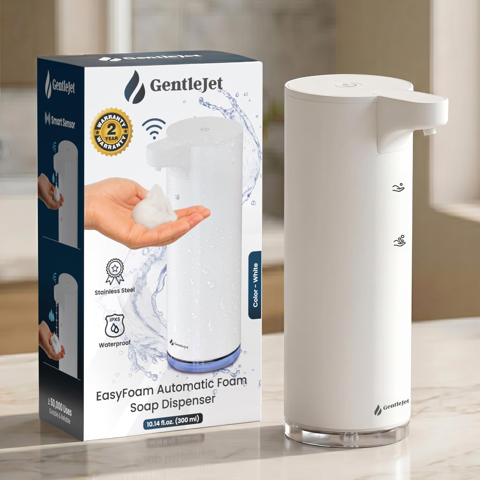 GentleJet EasyFoam Automatic Foaming Soap Dispenser – Touchless Sensor, USB-C Rechargeable, 304 Stainless Steel, IPX5 Waterproof for Bathroom Kitchen Sink, 9.5 oz / 280 ml