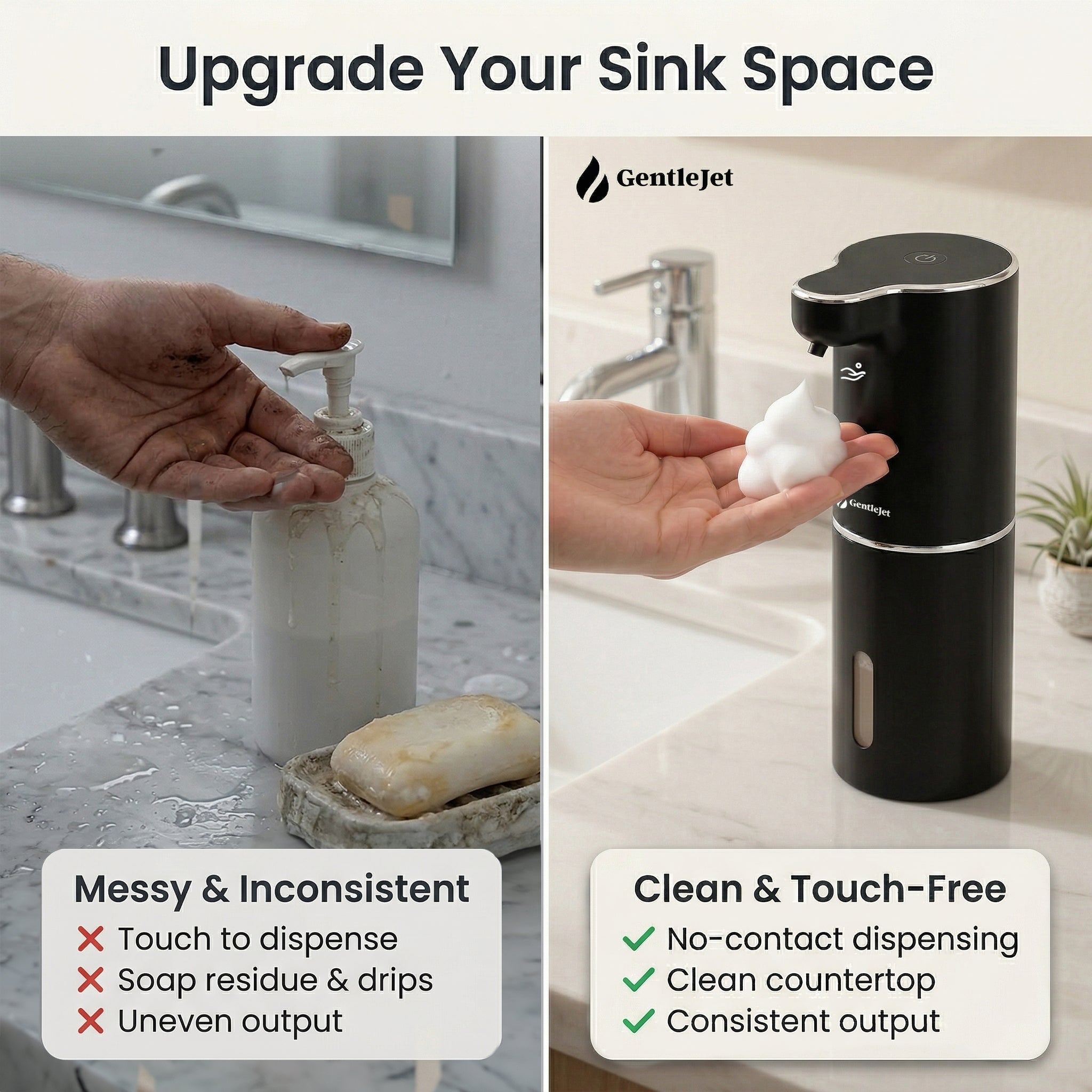 GentleJet JetFoam Automatic Foam Soap Dispenser Touchless Sensor, USB-C Rechargeable, Adjustable Output, IPX5 Waterproof, 300 ml, Bathroom & Kitchen Countertop