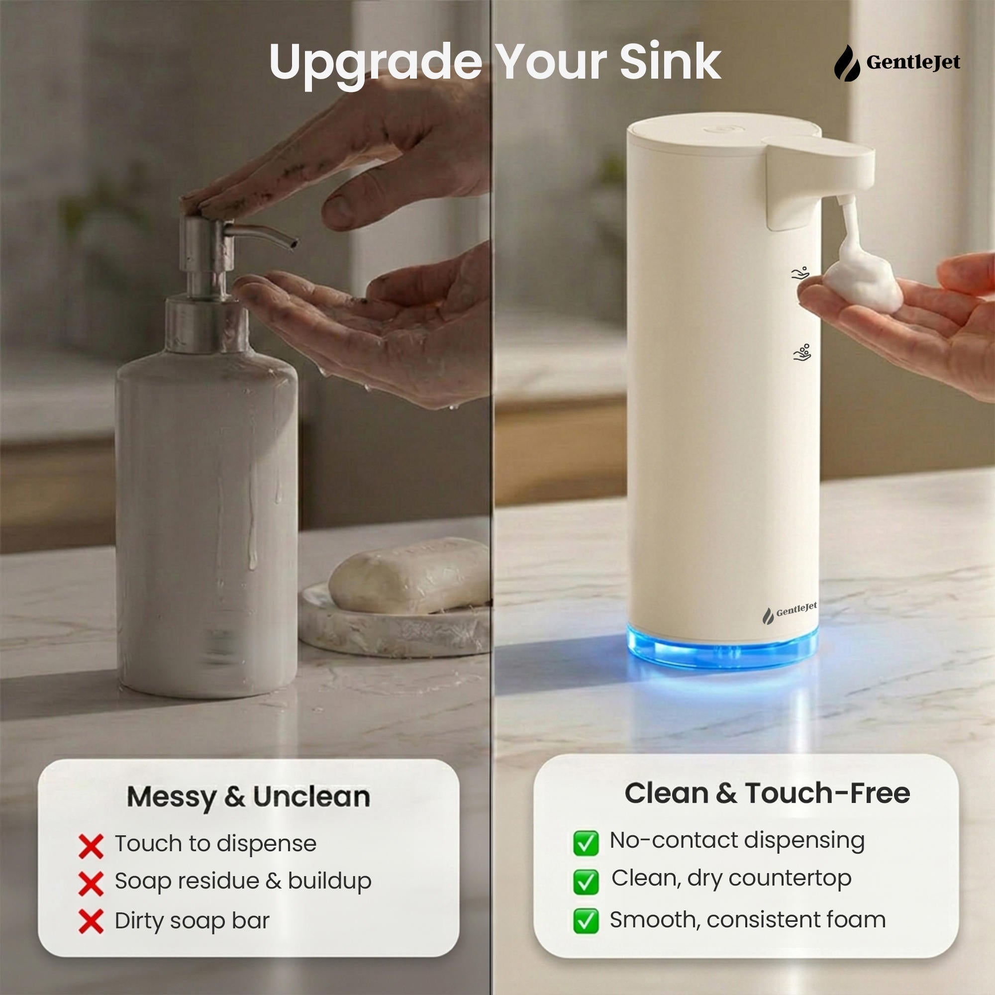 GentleJet EasyFoam Automatic Foaming Soap Dispenser – Touchless Sensor, USB-C Rechargeable, 304 Stainless Steel, IPX5 Waterproof for Bathroom Kitchen Sink, 9.5 oz / 280 ml