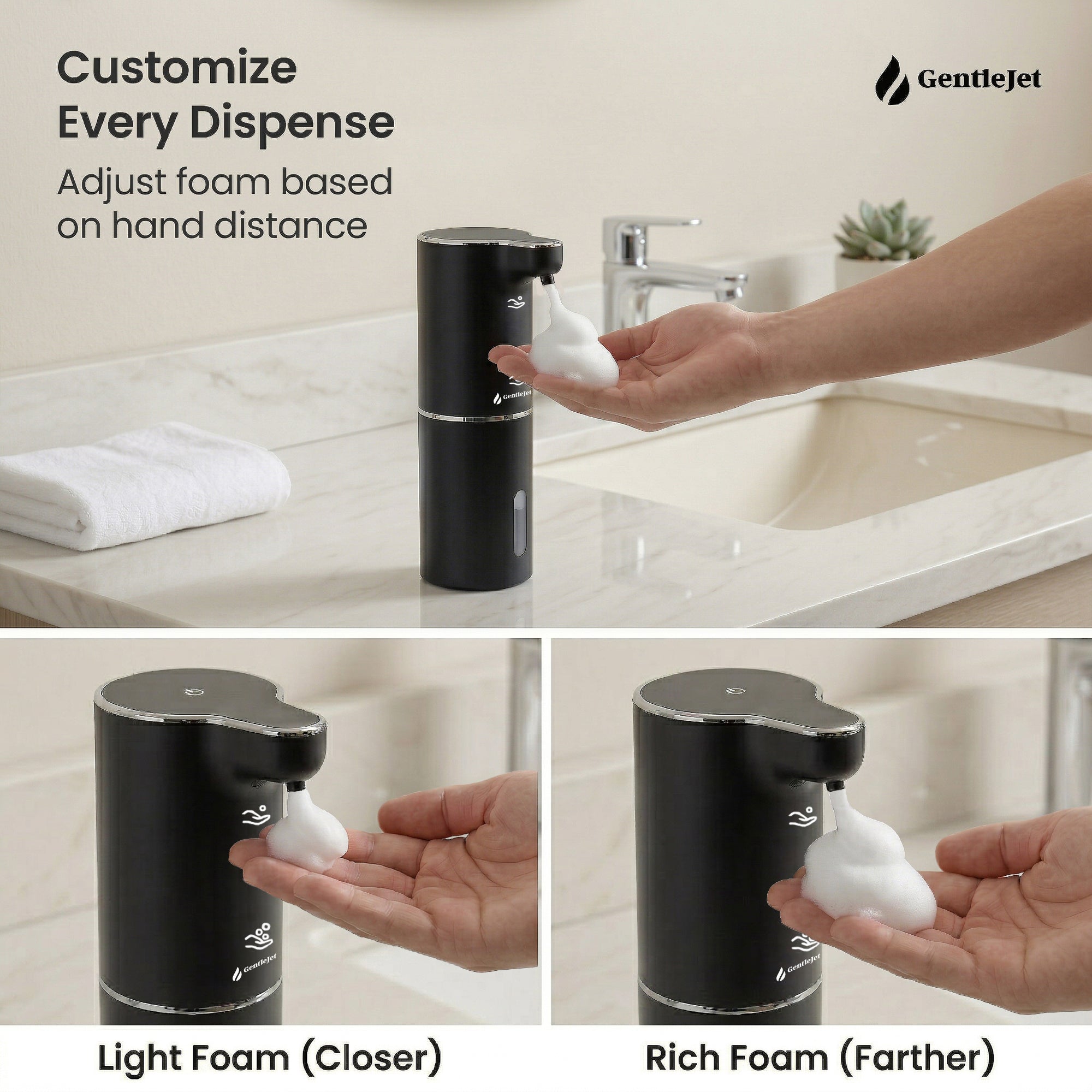 GentleJet JetFoam Automatic Foam Soap Dispenser Touchless Sensor, USB-C Rechargeable, Adjustable Output, IPX5 Waterproof, 300 ml, Bathroom & Kitchen Countertop