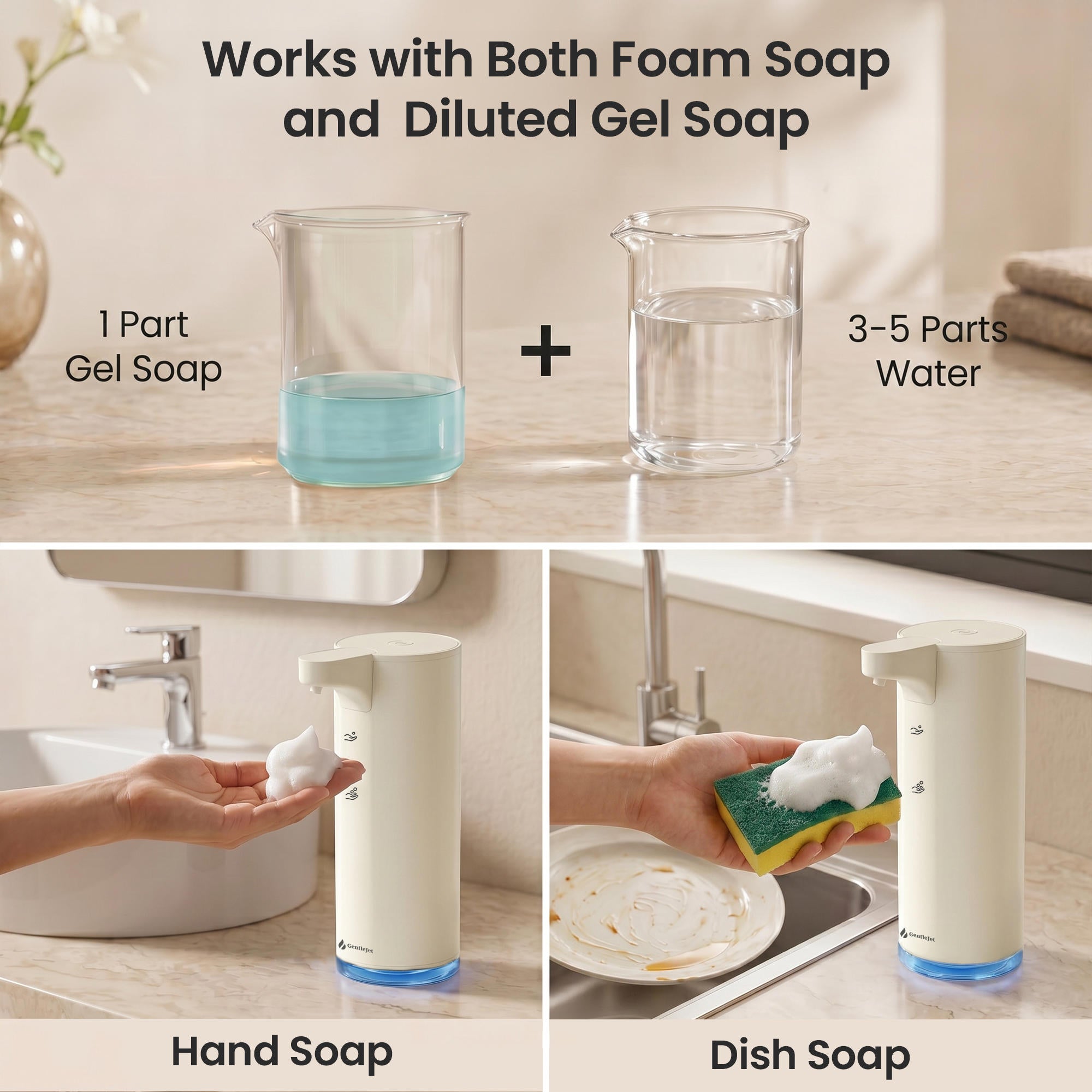GentleJet EasyFoam Automatic Foaming Soap Dispenser – Touchless Sensor, USB-C Rechargeable, 304 Stainless Steel, IPX5 Waterproof for Bathroom Kitchen Sink, 9.5 oz / 280 ml
