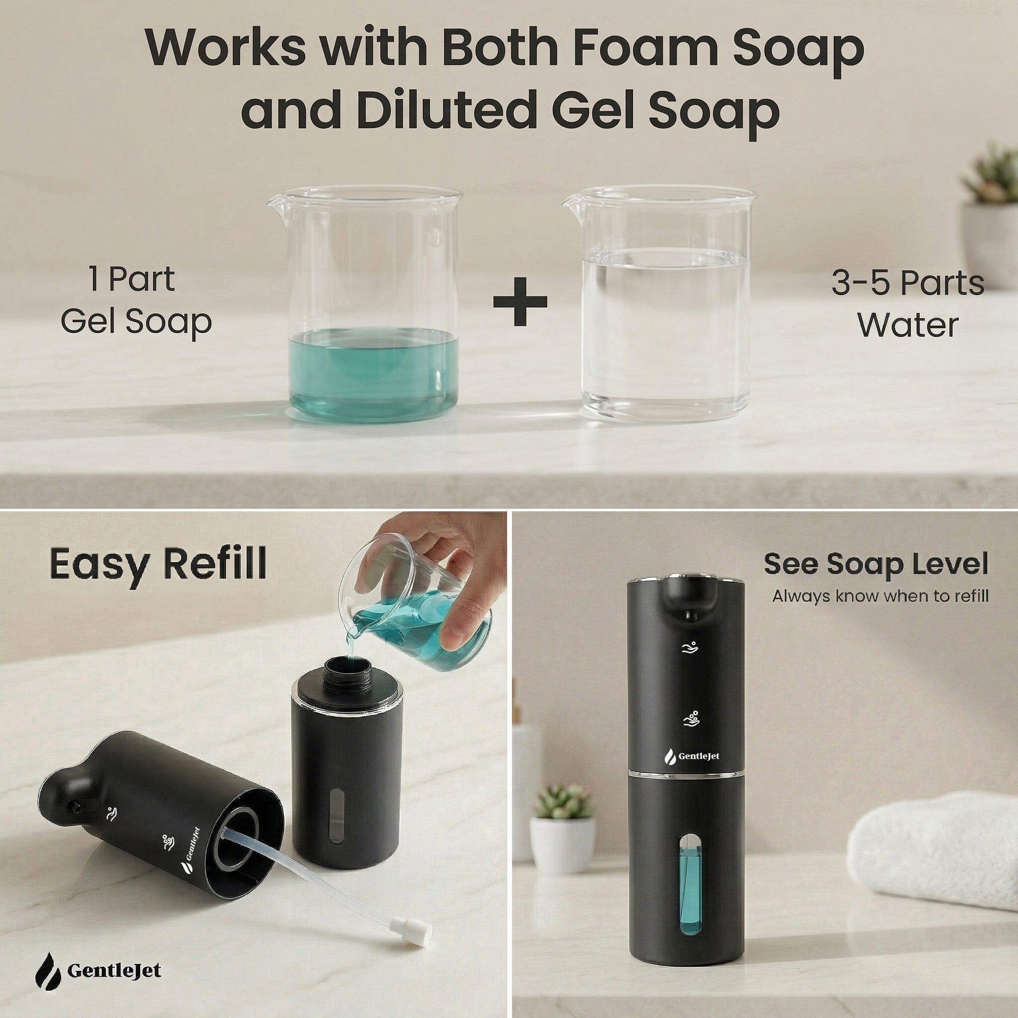 GentleJet JetFoam Automatic Foam Soap Dispenser Touchless Sensor, USB-C Rechargeable, Adjustable Output, IPX5 Waterproof, 300 ml, Bathroom & Kitchen Countertop