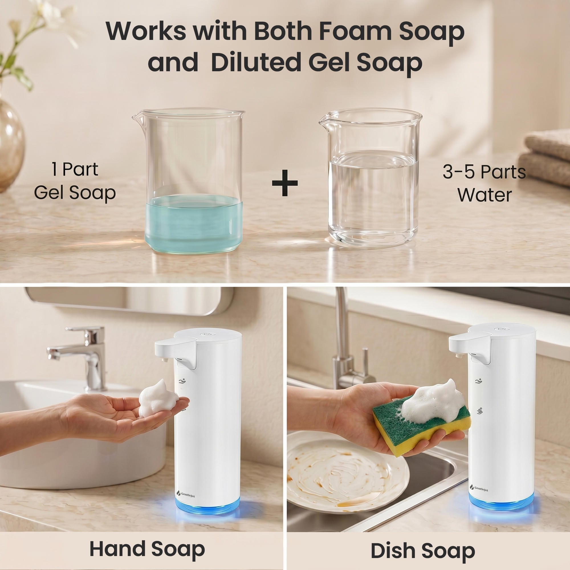 GentleJet EasyFoam Automatic Foaming Soap Dispenser – Touchless Sensor, USB-C Rechargeable, 304 Stainless Steel, IPX5 Waterproof for Bathroom Kitchen Sink, 9.5 oz / 280 ml