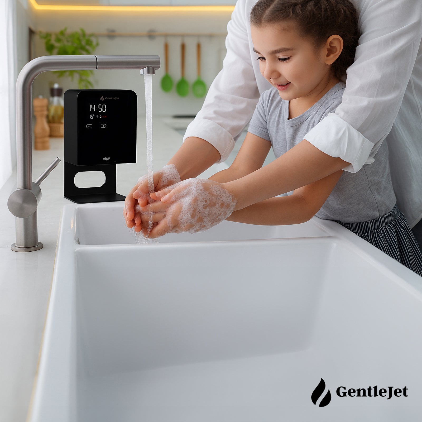 mom is washing daughter's hands with noblejet