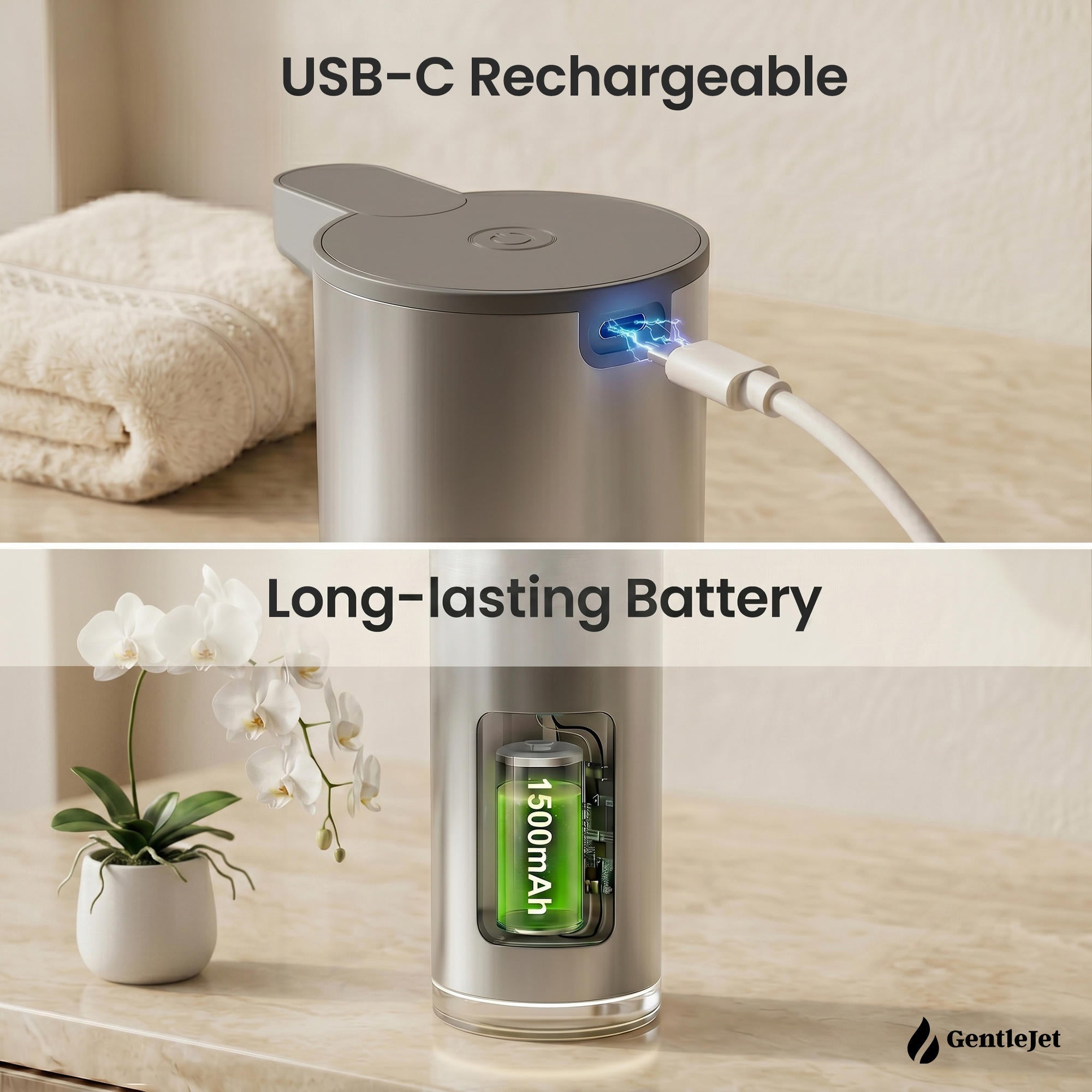 GentleJet EasyFoam Automatic Foaming Soap Dispenser – Touchless Sensor, USB-C Rechargeable, 304 Stainless Steel, IPX5 Waterproof for Bathroom Kitchen Sink, 9.5 oz / 280 ml